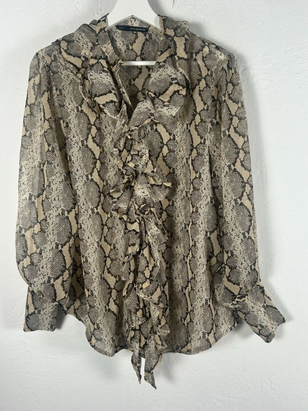 Sfera Collection Womens Snake Print Sheer Ruffle Blouse Large Brown Long Sleeve